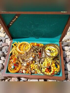 Vintage Jewelry Box Filled with Yellow & Amber Jewelry